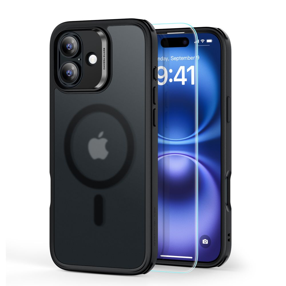COQUE ESR CLASSIC HYBRID HALOLOCK MAGSAFE & VERRE TREMPÉ IPHONE 16 NOIR FROSTED