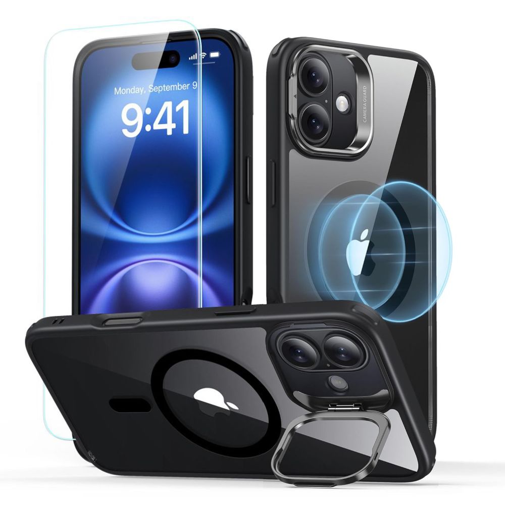 COQUE ESR CLASSIC HYBRID AVEC SUPPORT HALOLOCK MAGSAFE ET VERRE TREMPÉ IPHONE 16 PLUS TRANSPARENT/NOIR