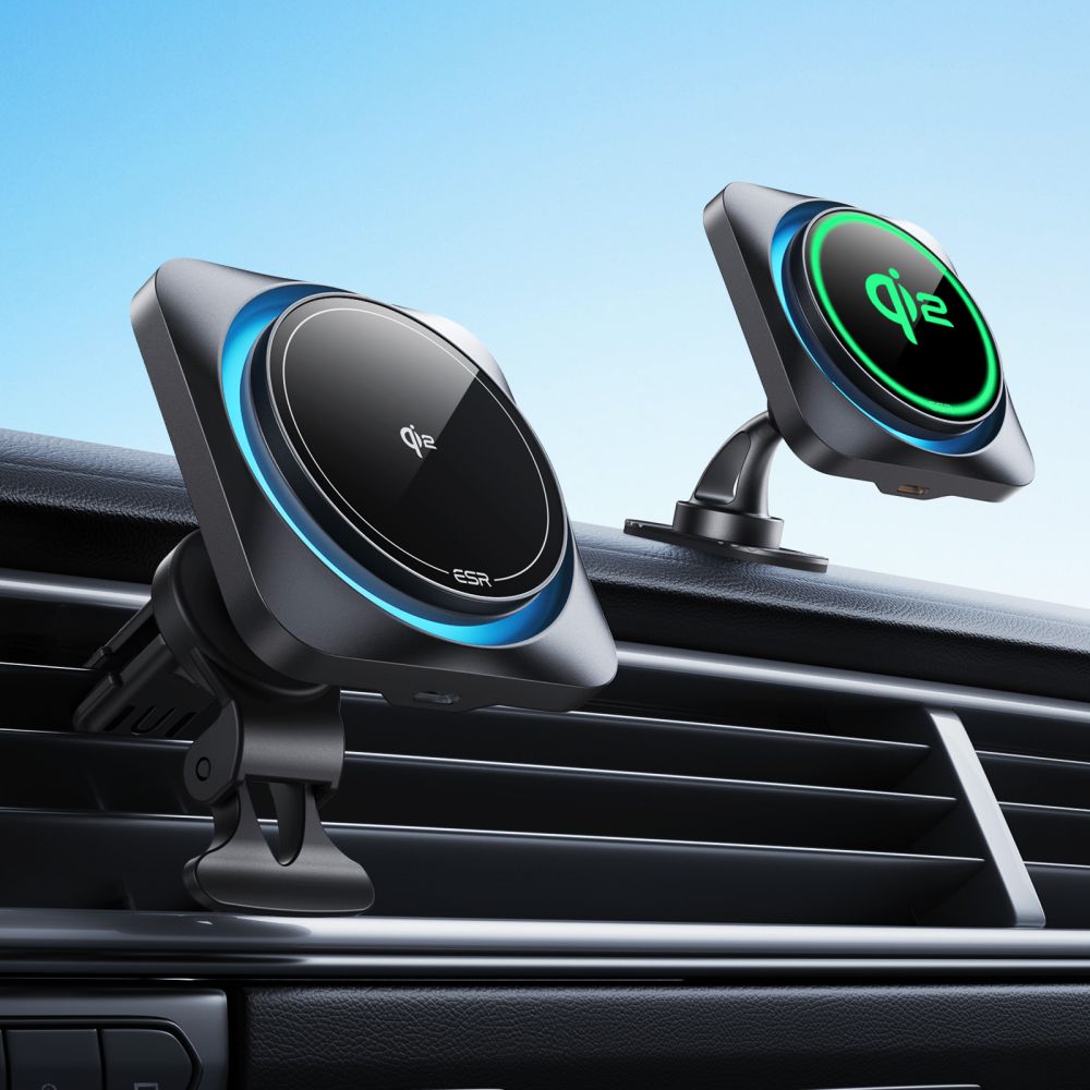 SUPPORT DE TÉLÉPHONE POUR VOITURE AVEC CHARGE SANS FIL ESR HALOLOCK CRYOBOOST MAGNETIQUE MAGSAFE MONTAGE SUR TABLEAU DE BORD & VENTILATION CHARGEUR SANS FIL QI2 15W ONYX FROSTED