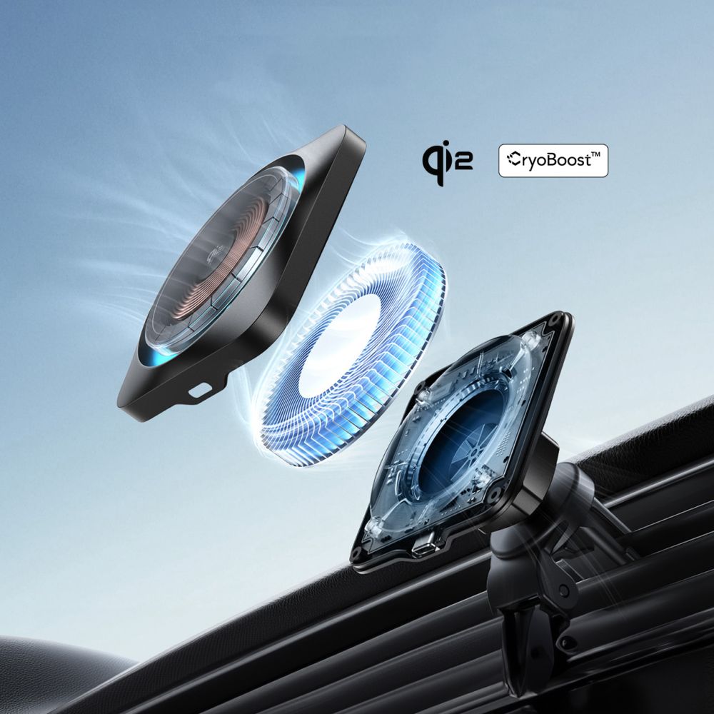 SUPPORT DE TÉLÉPHONE POUR VOITURE AVEC CHARGE SANS FIL ESR HALOLOCK CRYOBOOST MAGNETIQUE MAGSAFE MONTAGE SUR TABLEAU DE BORD & VENTILATION CHARGEUR SANS FIL QI2 15W ONYX FROSTED