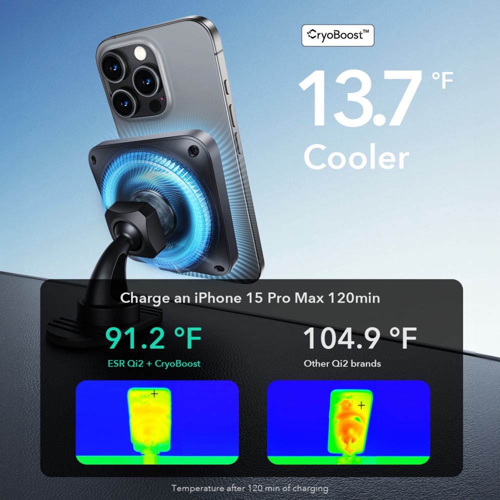 SUPPORT DE TÉLÉPHONE POUR VOITURE AVEC CHARGE SANS FIL ESR HALOLOCK CRYOBOOST MAGNETIQUE MAGSAFE MONTAGE SUR TABLEAU DE BORD & VENTILATION CHARGEUR SANS FIL QI2 15W ONYX FROSTED