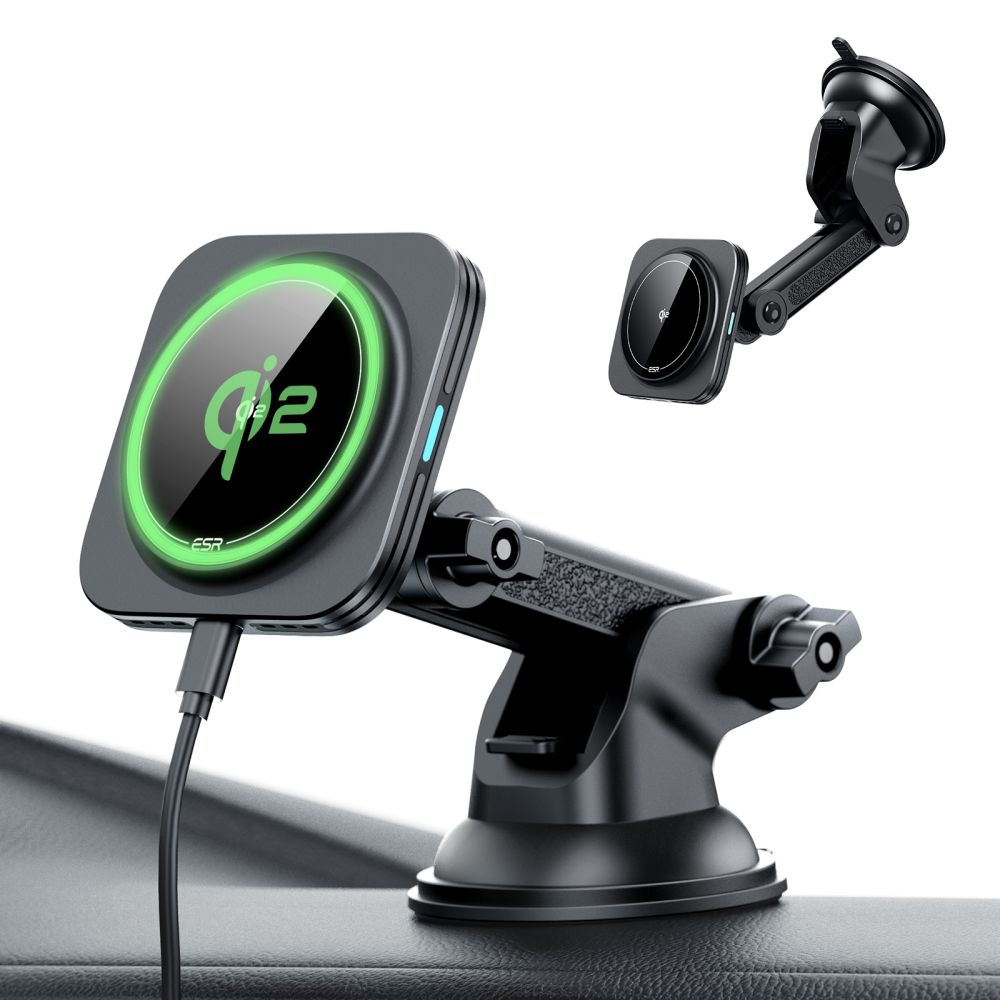 Support de téléphone pour voiture avec chargement sans fil ESR HaloLock magnétique MagSafe, support de tableau de bord, chargeur sans fil QI2 15W noir.