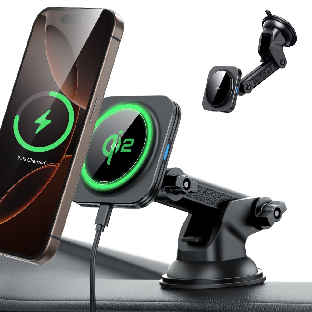 Support de téléphone pour voiture avec chargement sans fil ESR HaloLock magnétique MagSafe, support de tableau de bord, chargeur sans fil QI2 15W noir.