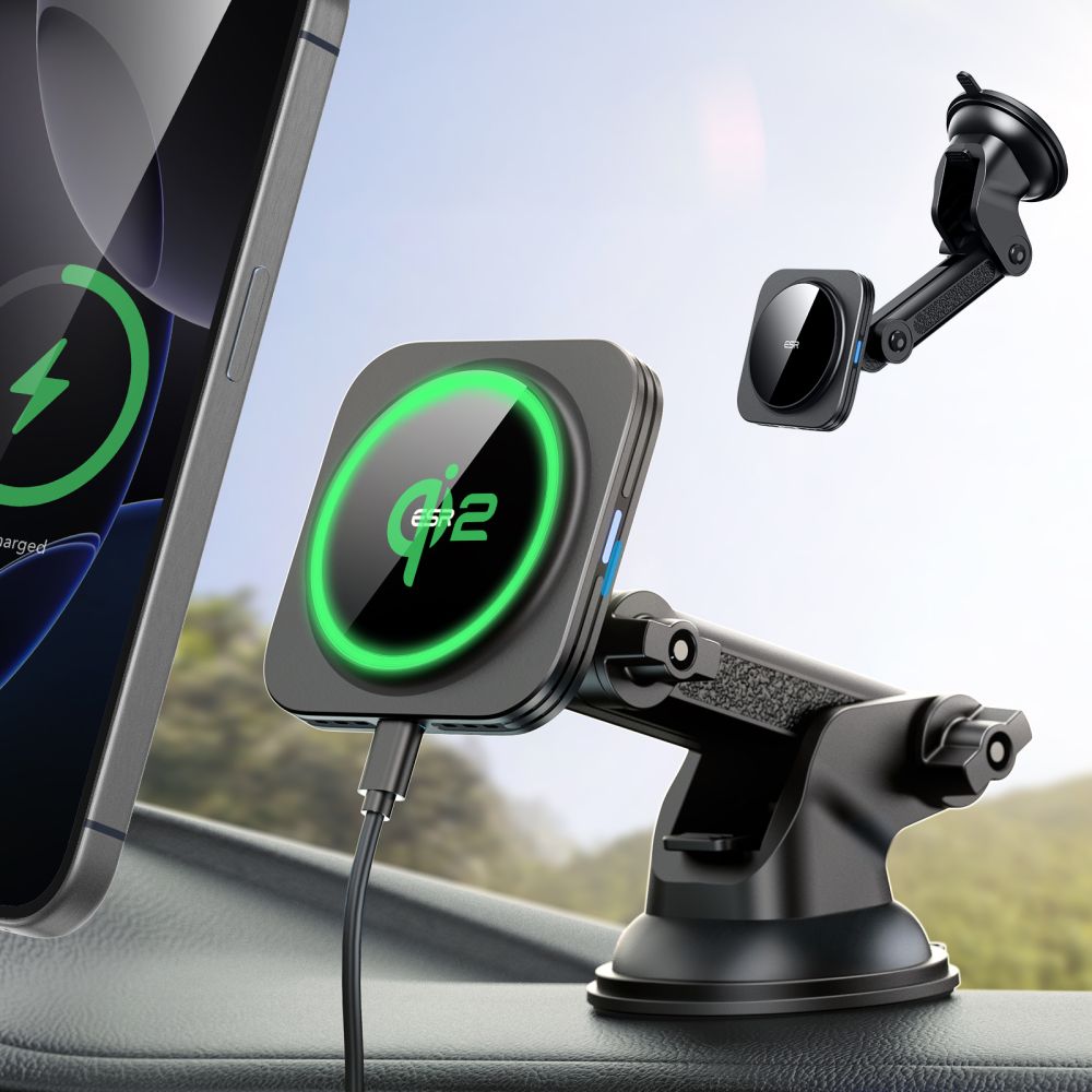 Support de téléphone pour voiture avec chargement sans fil ESR HaloLock magnétique MagSafe, support de tableau de bord, chargeur sans fil QI2 15W noir.