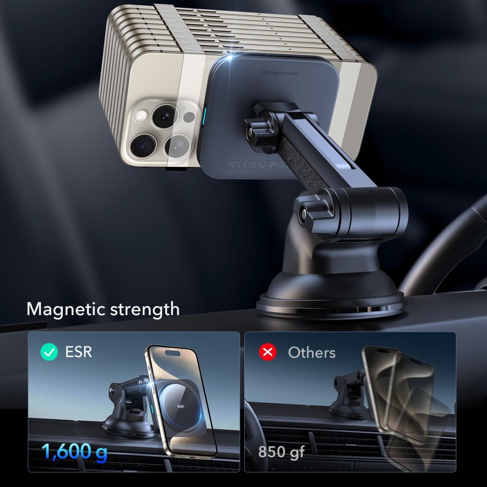 Support de téléphone pour voiture avec chargement sans fil ESR HaloLock magnétique MagSafe, support de tableau de bord, chargeur sans fil QI2 15W noir.