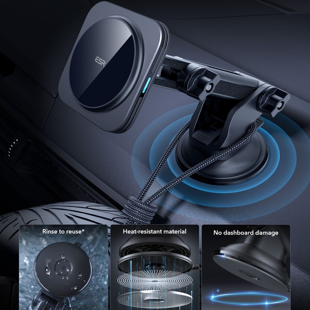 Support de téléphone pour voiture avec chargement sans fil ESR HaloLock magnétique MagSafe, support de tableau de bord, chargeur sans fil QI2 15W noir.