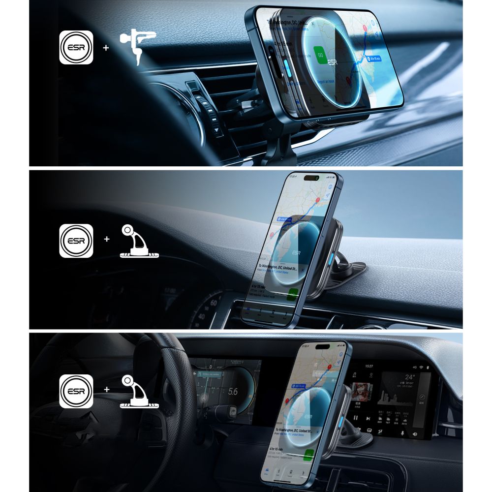 SUPPORT DE TÉLÉPHONE POUR VOITURE AVEC CHARGE SANS FIL ESR HALOLOCK MAGNETIC MAGSAFE SUPPORT DE VENTILATION CHARGEUR SANS FIL QI2 15W NOIR