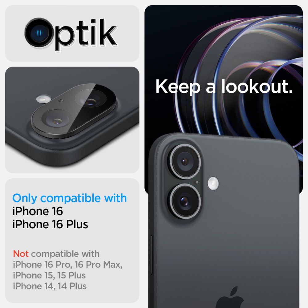 VERRE TEMPERÉ DE PROTECTION POUR LENTILLE D'APPAREIL PHOTO SPIGEN OPTIK GLAS.TR PROTECTEUR DE CAMÉRA 2-PACK IPHONE 16 / 16 PLUS NOIR