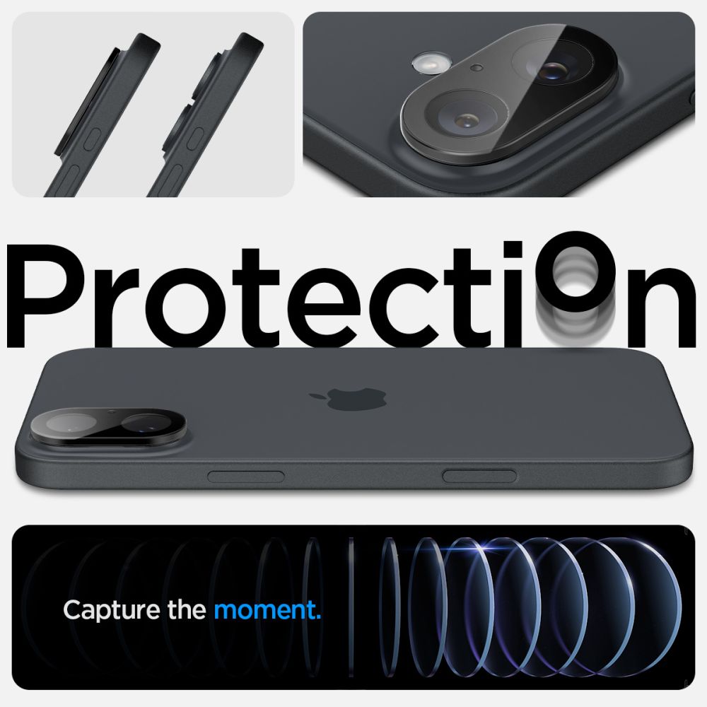 VERRE TEMPERÉ DE PROTECTION POUR LENTILLE D'APPAREIL PHOTO SPIGEN OPTIK GLAS.TR PROTECTEUR DE CAMÉRA 2-PACK IPHONE 16 / 16 PLUS NOIR