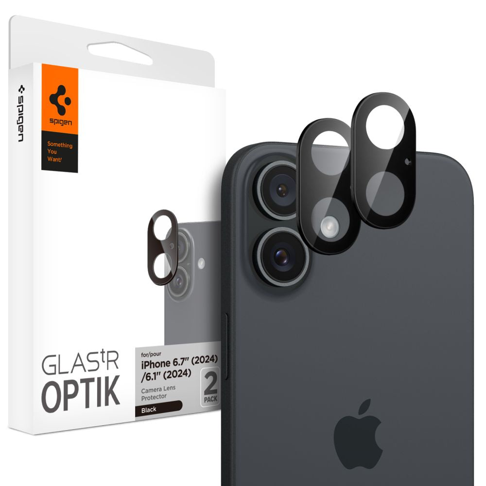 VERRE TEMPERÉ DE PROTECTION POUR LENTILLE D'APPAREIL PHOTO SPIGEN OPTIK GLAS.TR PROTECTEUR DE CAMÉRA 2-PACK IPHONE 16 / 16 PLUS NOIR
