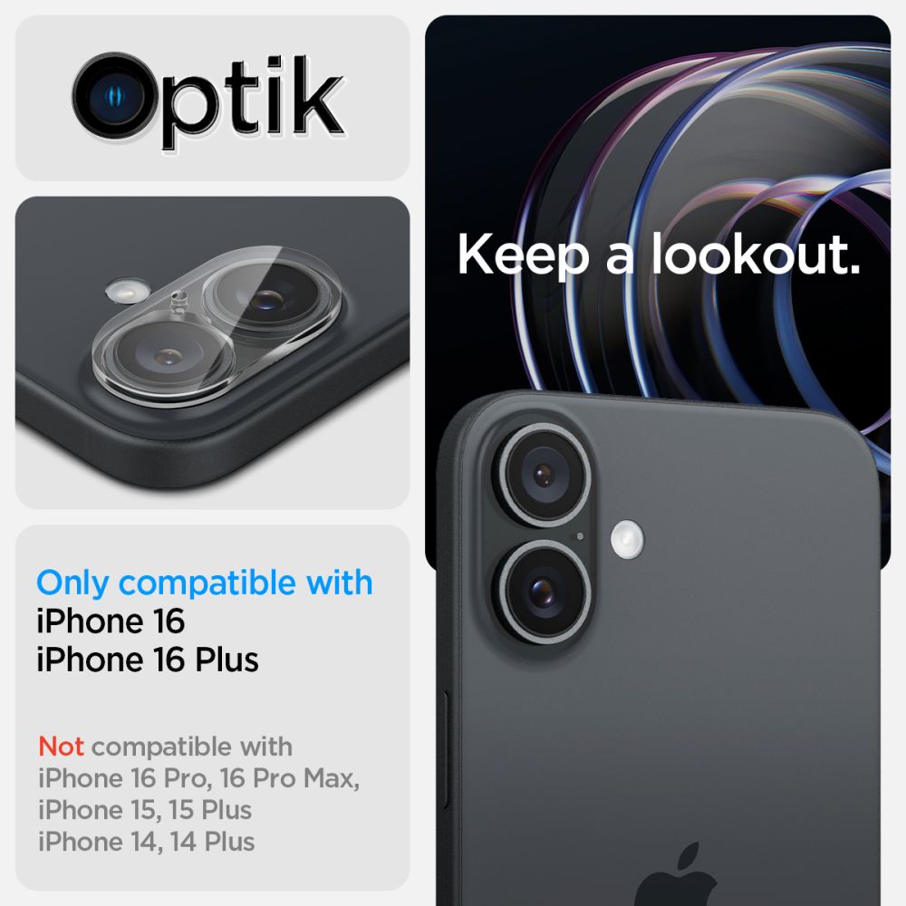 VERRE TEMPERÉ PROTECTEUR POUR LENTILLE D'APPAREIL PHOTO SPIGEN OPTIK GLAS.TR PROTECTEUR DE CAMÉRA 2-PACK IPHONE 16 / 16 PLUS CRISTAL TRANSPARENT