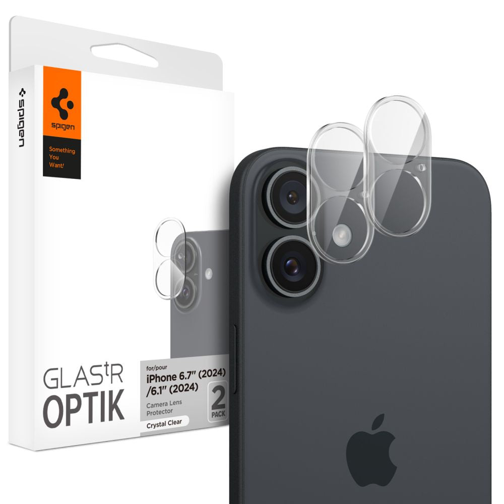 VERRE TEMPERÉ PROTECTEUR POUR LENTILLE D'APPAREIL PHOTO SPIGEN OPTIK GLAS.TR PROTECTEUR DE CAMÉRA 2-PACK IPHONE 16 / 16 PLUS CRISTAL TRANSPARENT