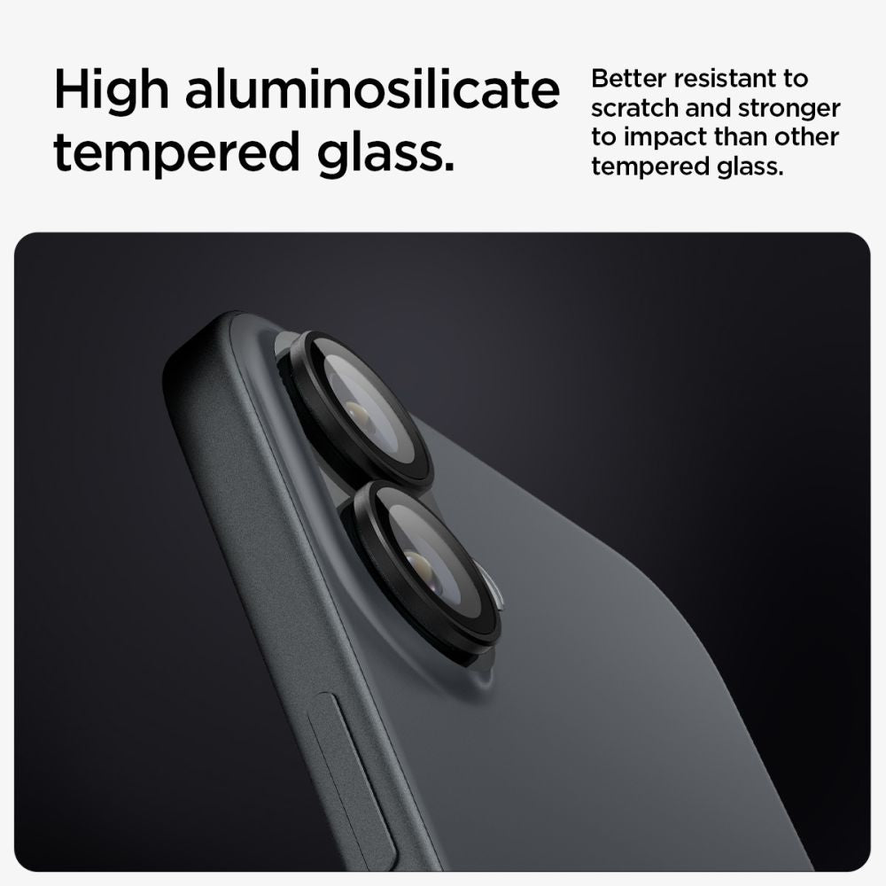 VERRE TEMPERÉ DE PROTECTION POUR LENTILLE D'APPAREIL PHOTO SPIGEN OPTIK PRO GLAS.TR "EZ FIT" PROTECTEUR D'APPAREIL PHOTO 2-PACK IPHONE 16 / 16 PLUS NOIR