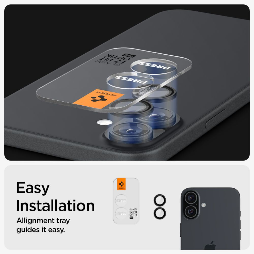 VERRE TEMPERÉ DE PROTECTION POUR LENTILLE D'APPAREIL PHOTO SPIGEN OPTIK PRO GLAS.TR "EZ FIT" PROTECTEUR D'APPAREIL PHOTO 2-PACK IPHONE 16 / 16 PLUS NOIR