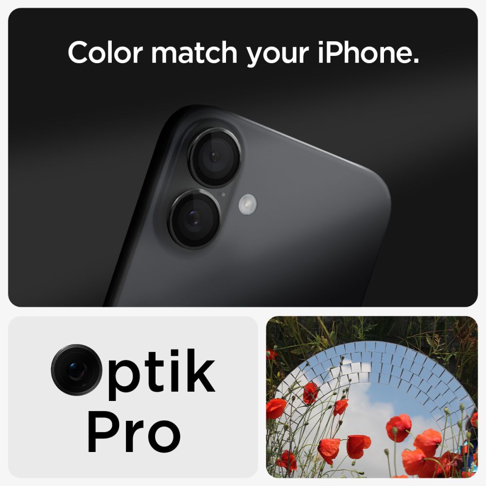 VERRE TEMPERÉ DE PROTECTION POUR LENTILLE D'APPAREIL PHOTO SPIGEN OPTIK PRO GLAS.TR "EZ FIT" PROTECTEUR D'APPAREIL PHOTO 2-PACK IPHONE 16 / 16 PLUS NOIR