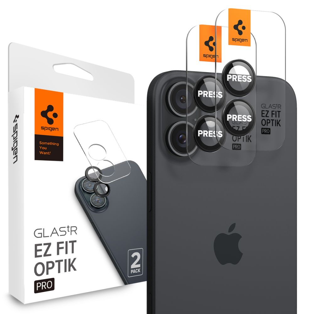 VERRE TEMPERÉ DE PROTECTION POUR LENTILLE D'APPAREIL PHOTO SPIGEN OPTIK PRO GLAS.TR "EZ FIT" PROTECTEUR D'APPAREIL PHOTO 2-PACK IPHONE 16 / 16 PLUS NOIR