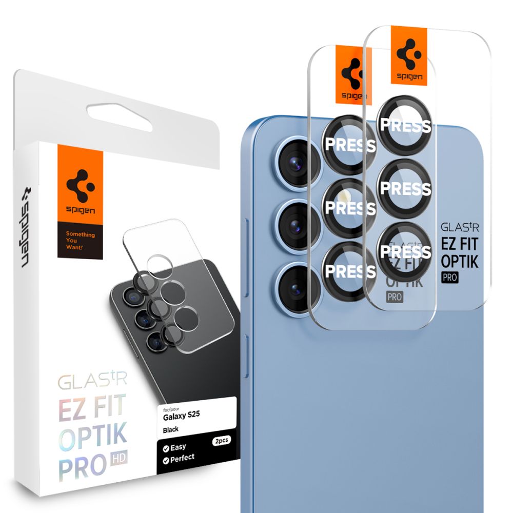 VERRE TEMPERÉ DE PROTECTION POUR LENTILLE D'APPAREIL PHOTO SPIGEN OPTIK PRO GLAS.TR "EZ FIT" HD PROTECTEUR DE CAMÉRA 2-PACK GALAXY S25+ PLUS NOIR