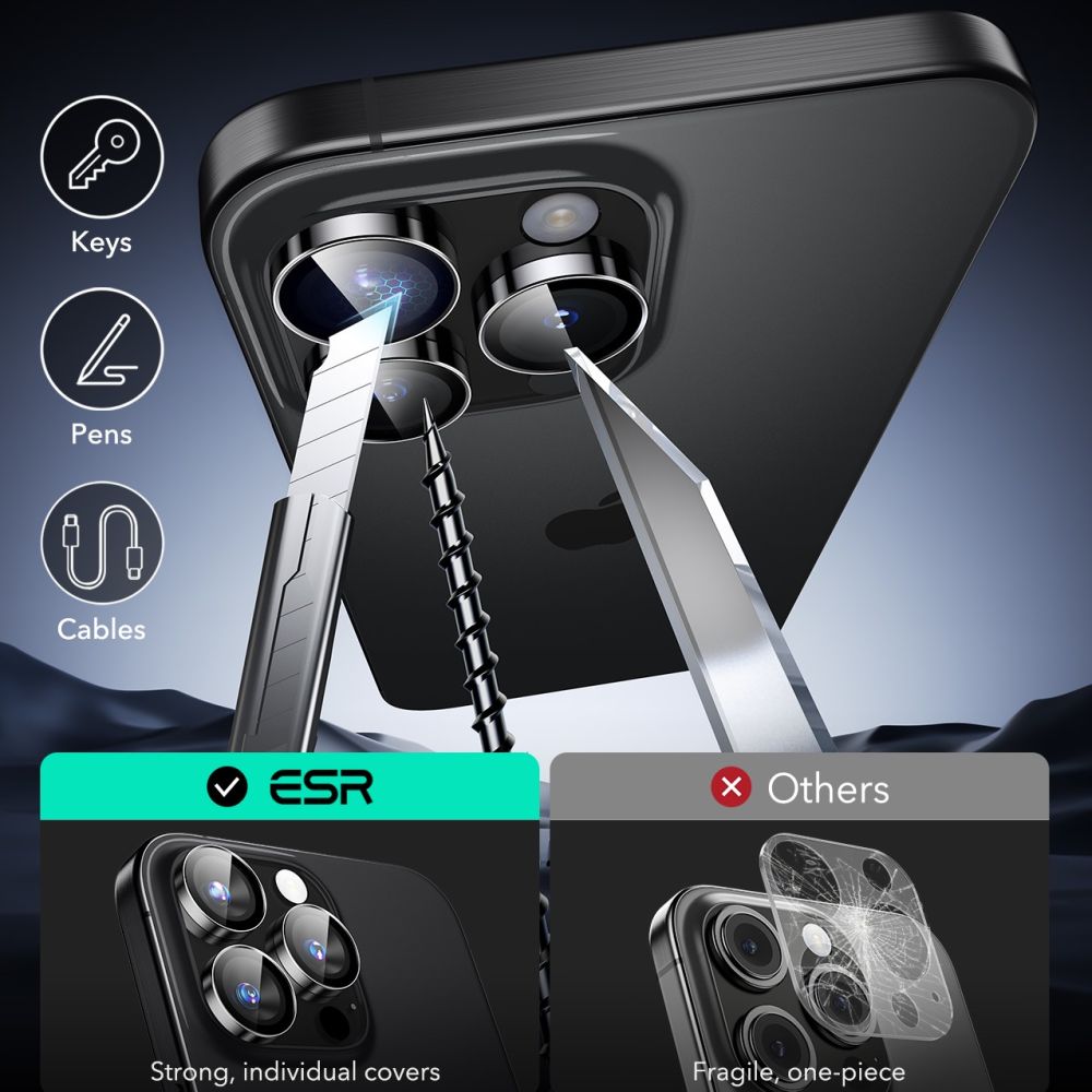 VERRE TEMPERÉ DE PROTECTION POUR LENTILLE D'APPAREIL PHOTO ESR ARMORITE PROTECTEUR POUR IPHONE 16 PRO / 16 PRO MAX NOIR