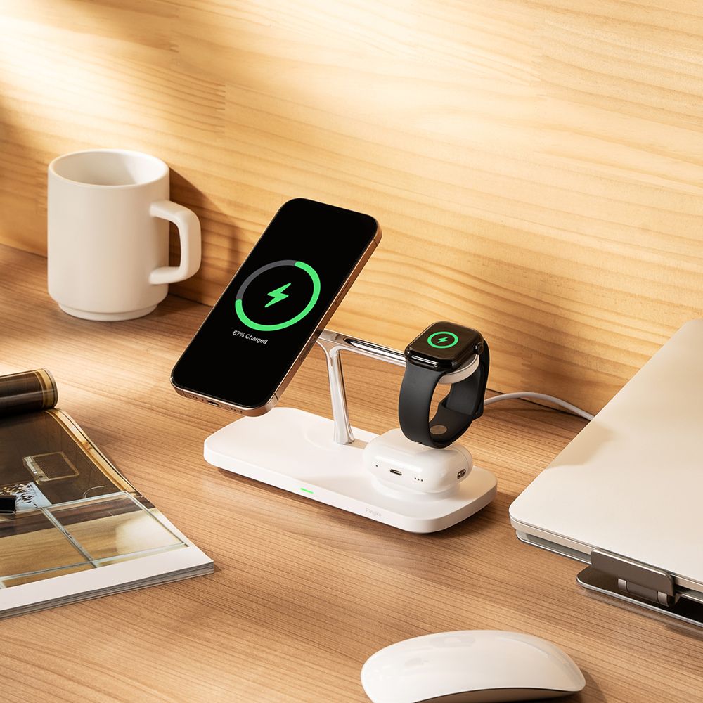 STATION DE CHARGEMENT RINGKE 3EN1 QI2 MAGNETIQUE MAGSAFE CHARGEUR SANS FIL BLANC