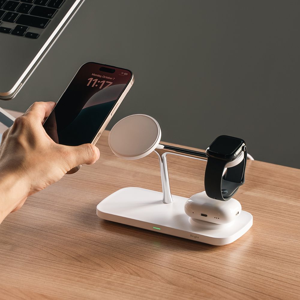 STATION DE CHARGEMENT RINGKE 3EN1 QI2 MAGNETIQUE MAGSAFE CHARGEUR SANS FIL BLANC