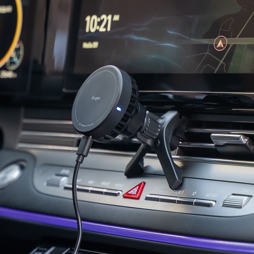 Support de téléphone pour voiture avec chargement sans fil Ringke Peltier QI2 magnétique MagSafe, support de ventilation, chargeur sans fil 15W noir.