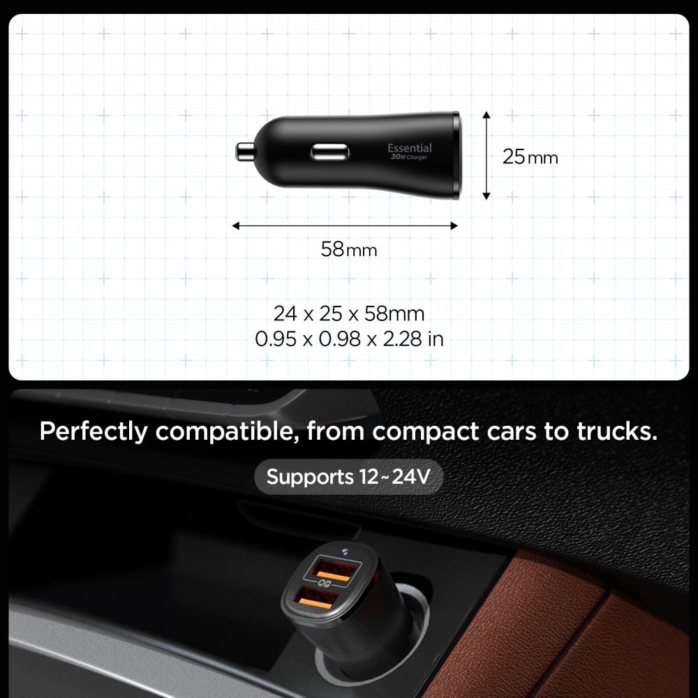 Chargeur de voiture SPIGEN ESSENTIAL EV302 2 ports 30W noir