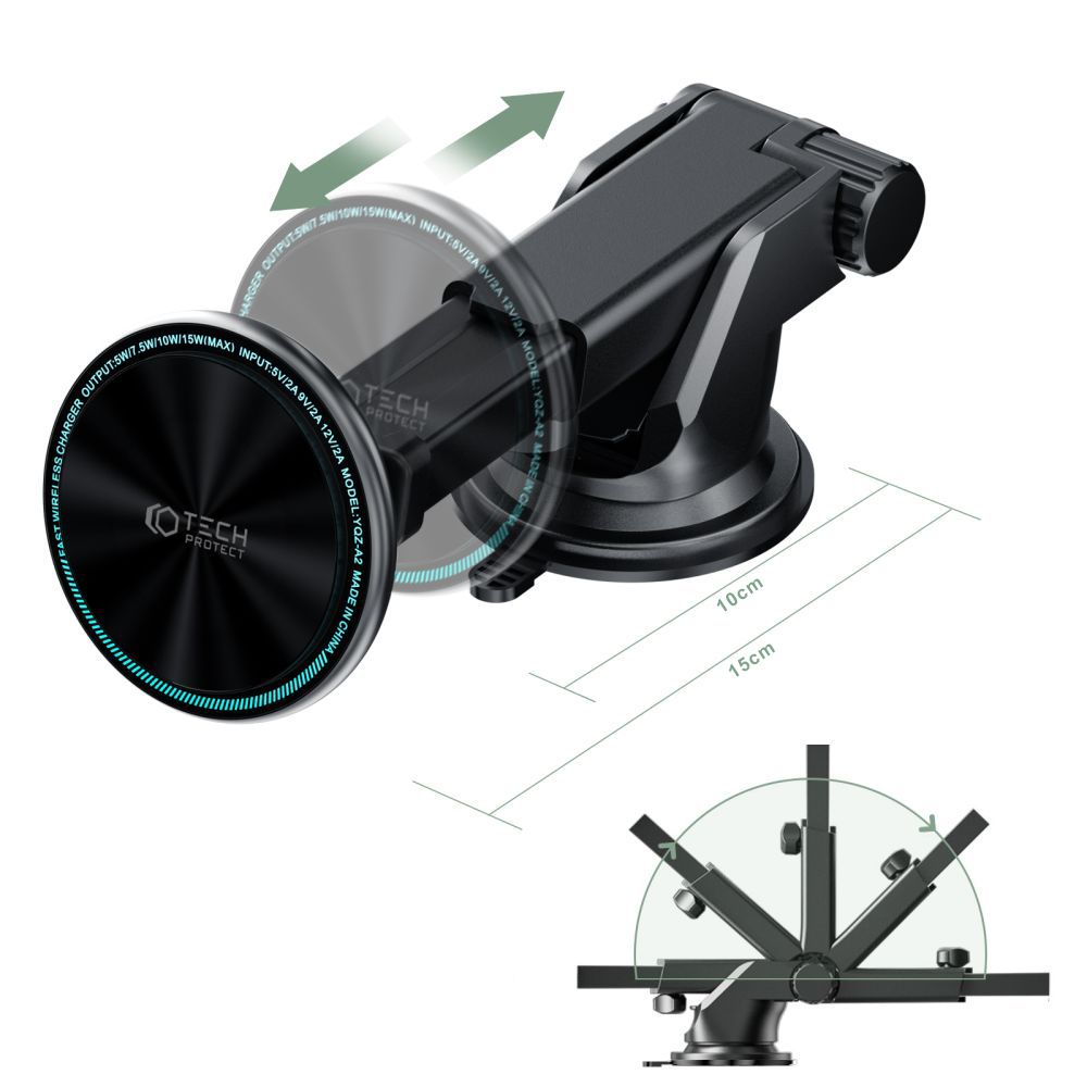 Support de téléphone pour voiture avec chargement sans fil TECH-PROTECT A2 MAGNETIC MAGSAFE DASH CAR MOUNT CHARGEUR SANS FIL 15W NOIR