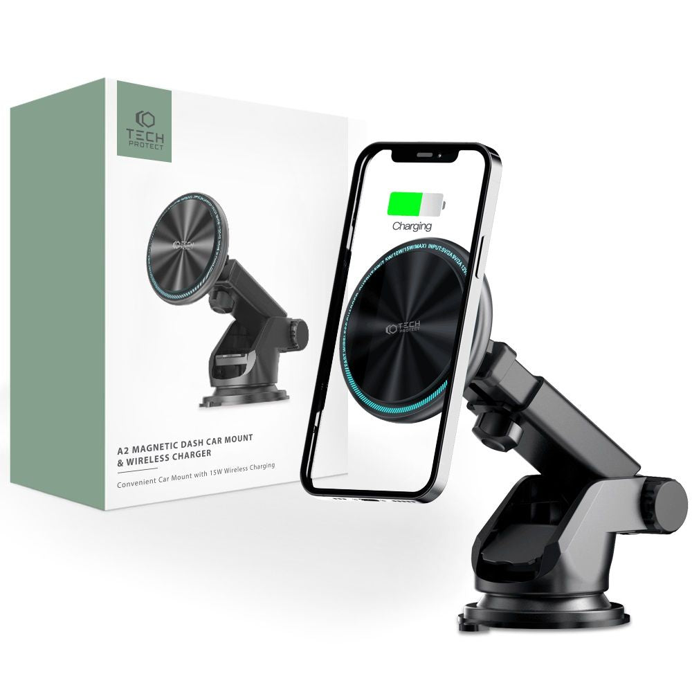 Support de téléphone pour voiture avec chargement sans fil TECH-PROTECT A2 MAGNETIC MAGSAFE DASH CAR MOUNT CHARGEUR SANS FIL 15W NOIR