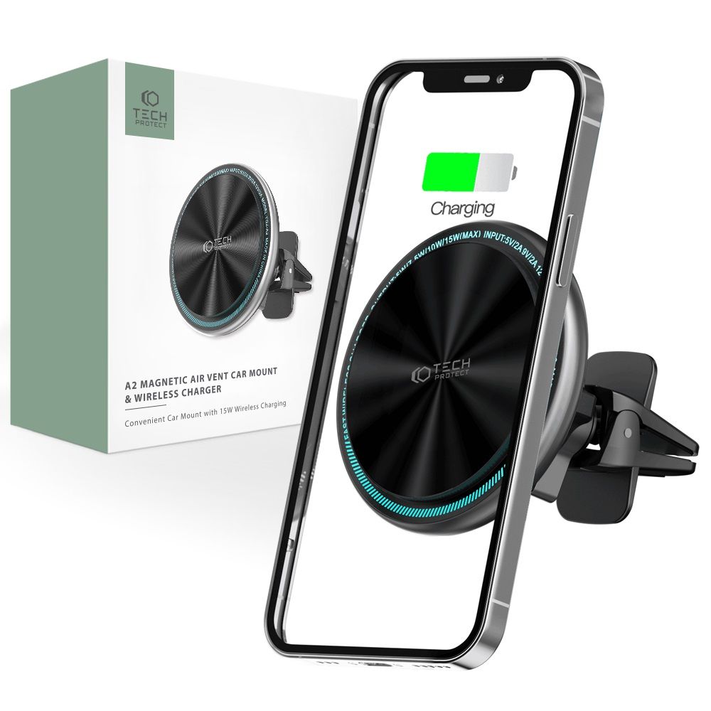 Support de téléphone pour voiture avec chargement sans fil TECH-PROTECT A2 MAGNETIC MAGSAFE VENT CAR MOUNT CHARGEUR SANS FIL 15W NOIR
