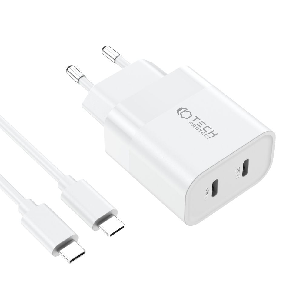 CHARGEUR RÉSEAU POUR MOBILE ET TABLETTE TECH-PROTECT C20W CHARGEUR RÉSEAU 2 PORTS PD20W + CÂBLE TYPE-C BLANC