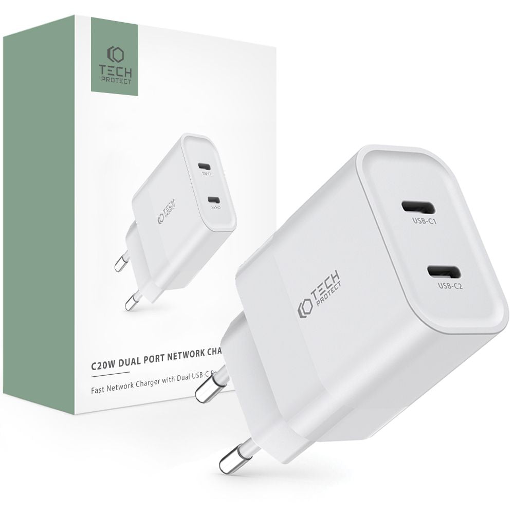 CHARGEUR RÉSEAU POUR MOBILE ET TABLETTE TECH-PROTECT C20W CHARGEUR RÉSEAU 2 PORTS PD20W BLANC