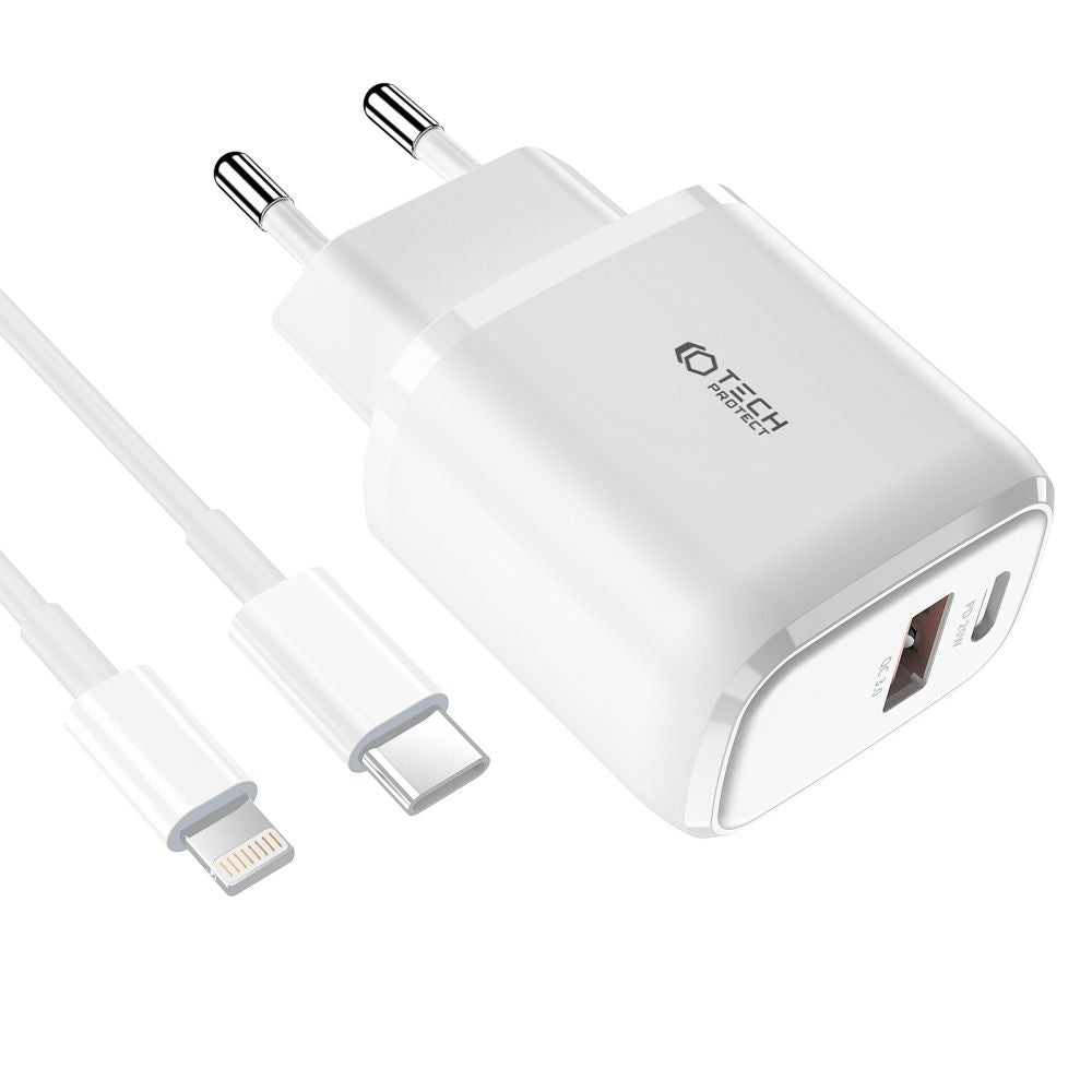 CHARGEUR RÉSEAU POUR MOBILE ET TABLETTE TECH-PROTECT C20W CHARGEUR RÉSEAU 2 PORTS PD20W/QC3.0 + CÂBLE LIGHTNING BLANC