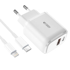 CHARGEUR RÉSEAU POUR MOBILE ET TABLETTE TECH-PROTECT C20W CHARGEUR RÉSEAU 2 PORTS PD20W/QC3.0 + CÂBLE LIGHTNING BLANC