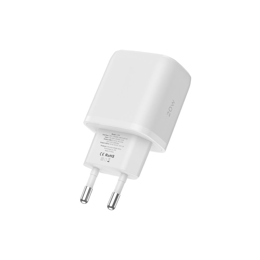 CHARGEUR RÉSEAU POUR MOBILE ET TABLETTE TECH-PROTECT C20W CHARGEUR RÉSEAU 2 PORTS PD20W/QC3.0 + CÂBLE LIGHTNING BLANC