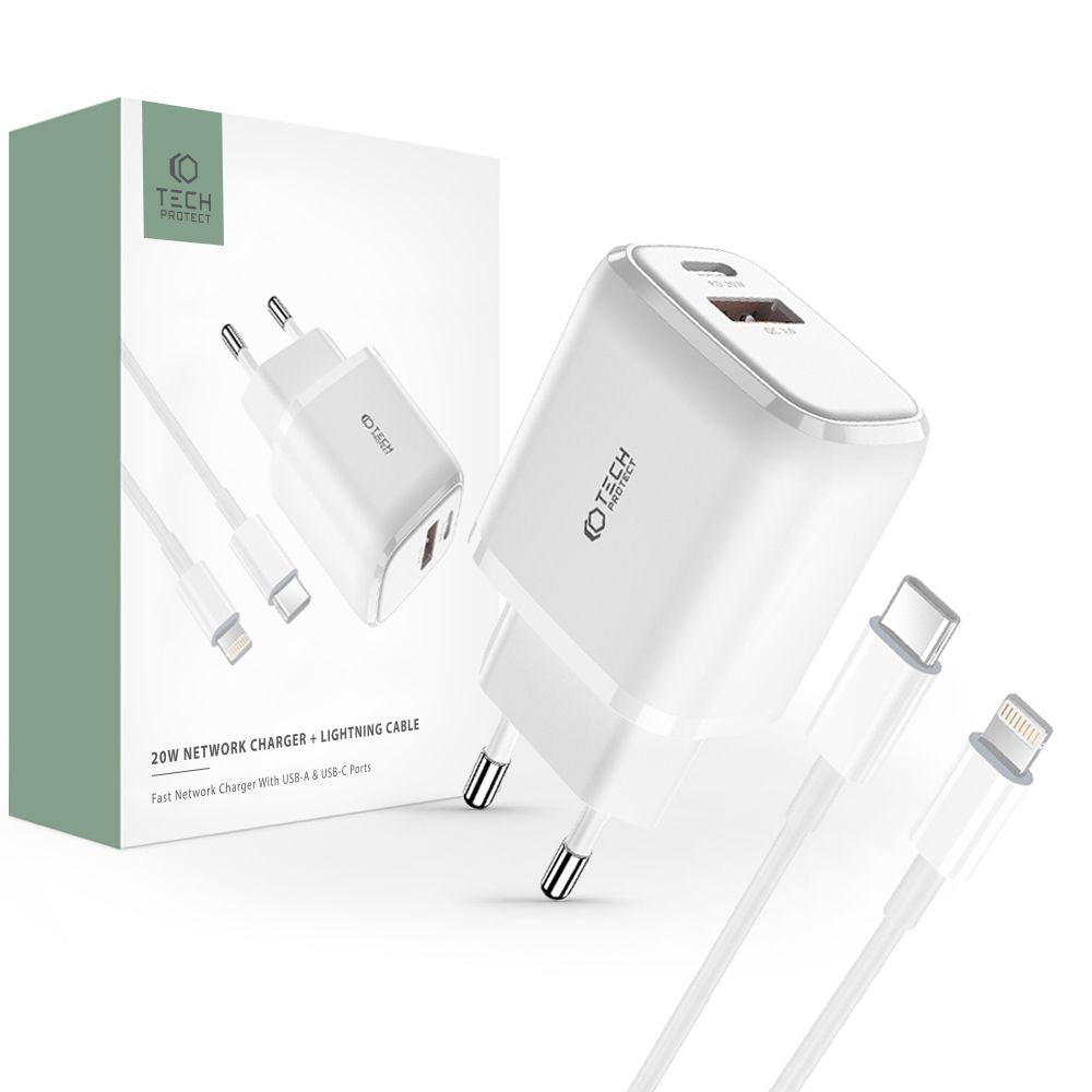 CHARGEUR RÉSEAU POUR MOBILE ET TABLETTE TECH-PROTECT C20W CHARGEUR RÉSEAU 2 PORTS PD20W/QC3.0 + CÂBLE LIGHTNING BLANC