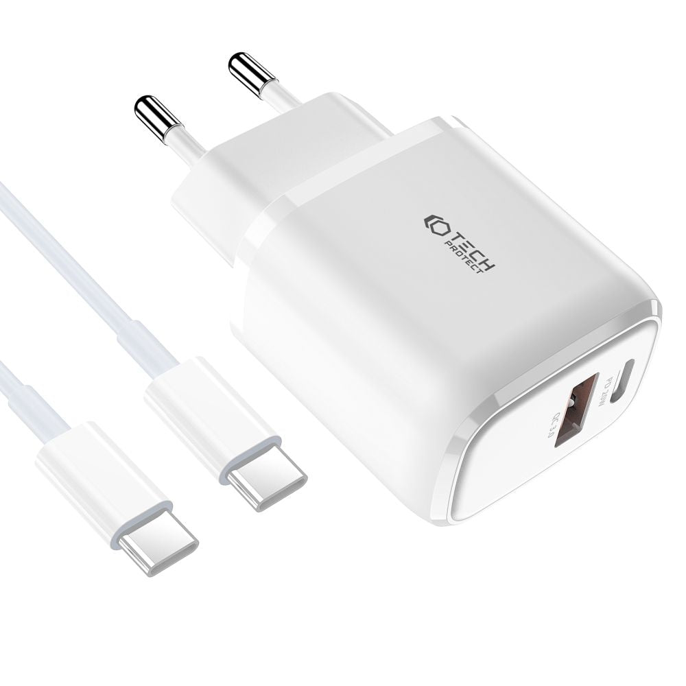 CHARGEUR RÉSEAU POUR MOBILE ET TABLETTE TECH-PROTECT C20W CHARGEUR 2 PORTS PD20W/QC3.0 + CÂBLE TYPE-C BLANC