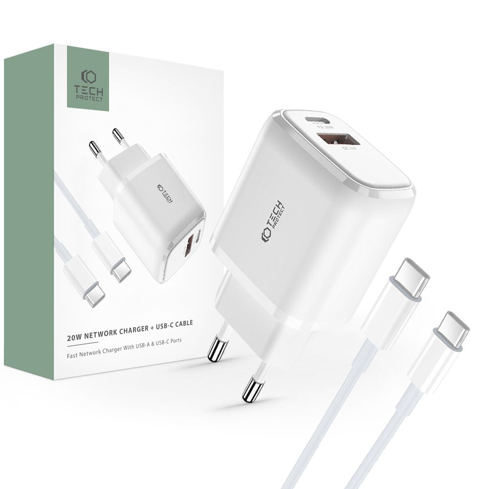 CHARGEUR RÉSEAU POUR MOBILE ET TABLETTE TECH-PROTECT C20W CHARGEUR 2 PORTS PD20W/QC3.0 + CÂBLE TYPE-C BLANC