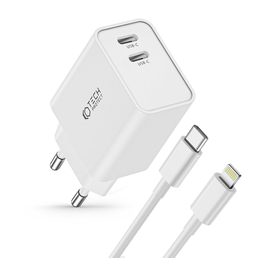 CHARGEUR RÉSEAU POUR MOBILE ET TABLETTE TECH-PROTECT C35W CHARGEUR RÉSEAU 2 PORTS PD35W + CÂBLE LIGHTNING BLANC