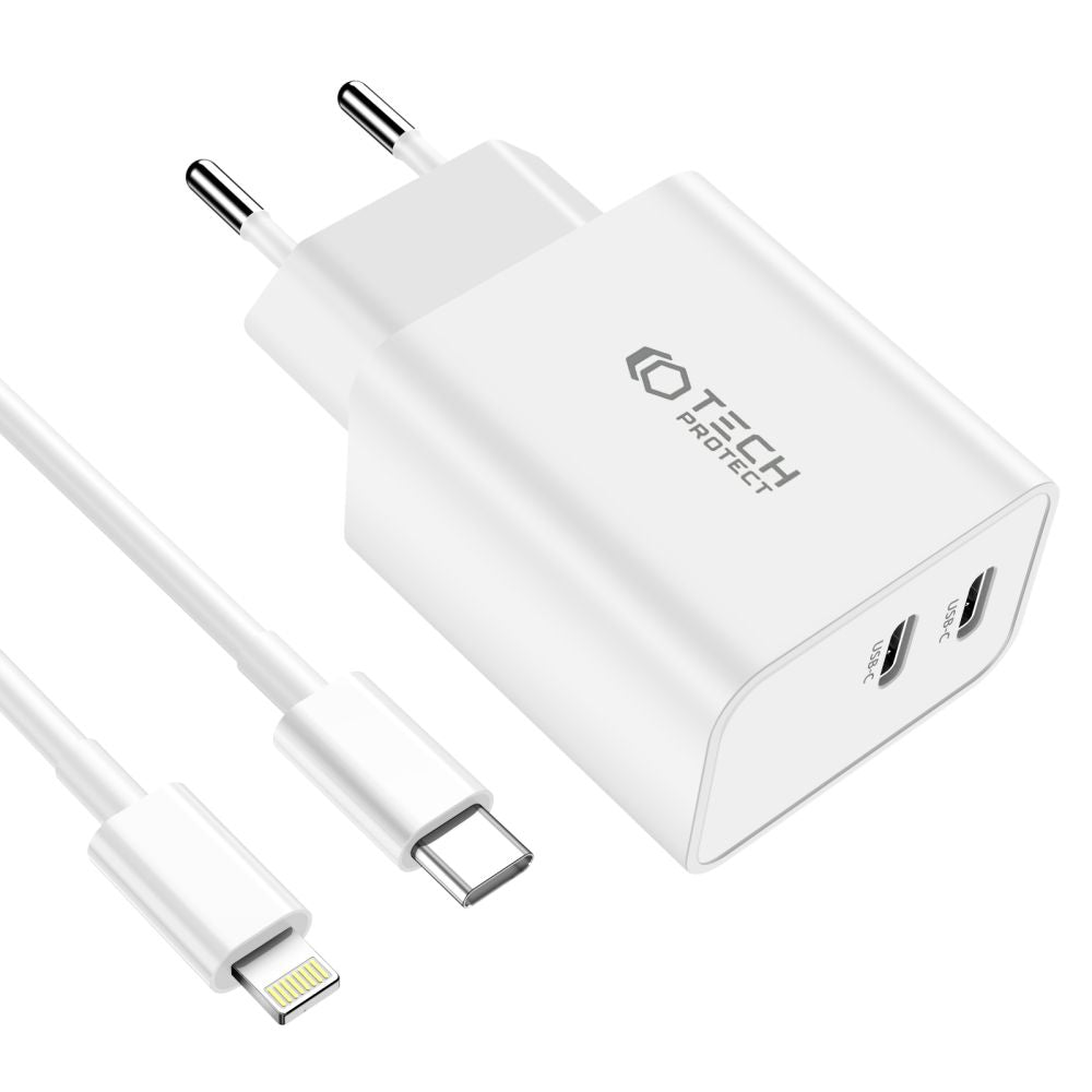 CHARGEUR RÉSEAU POUR MOBILE ET TABLETTE TECH-PROTECT C35W CHARGEUR RÉSEAU 2 PORTS PD35W + CÂBLE LIGHTNING BLANC