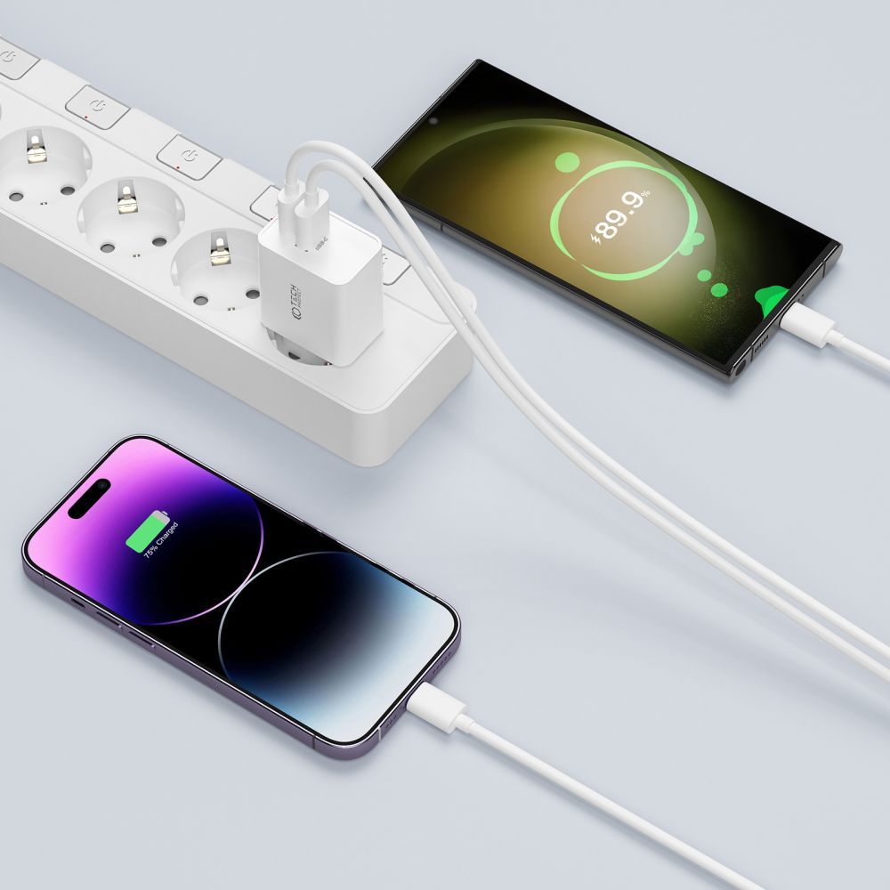 CHARGEUR RÉSEAU POUR MOBILE ET TABLETTE TECH-PROTECT C35W CHARGEUR RÉSEAU 2 PORTS PD35W + CÂBLE LIGHTNING BLANC