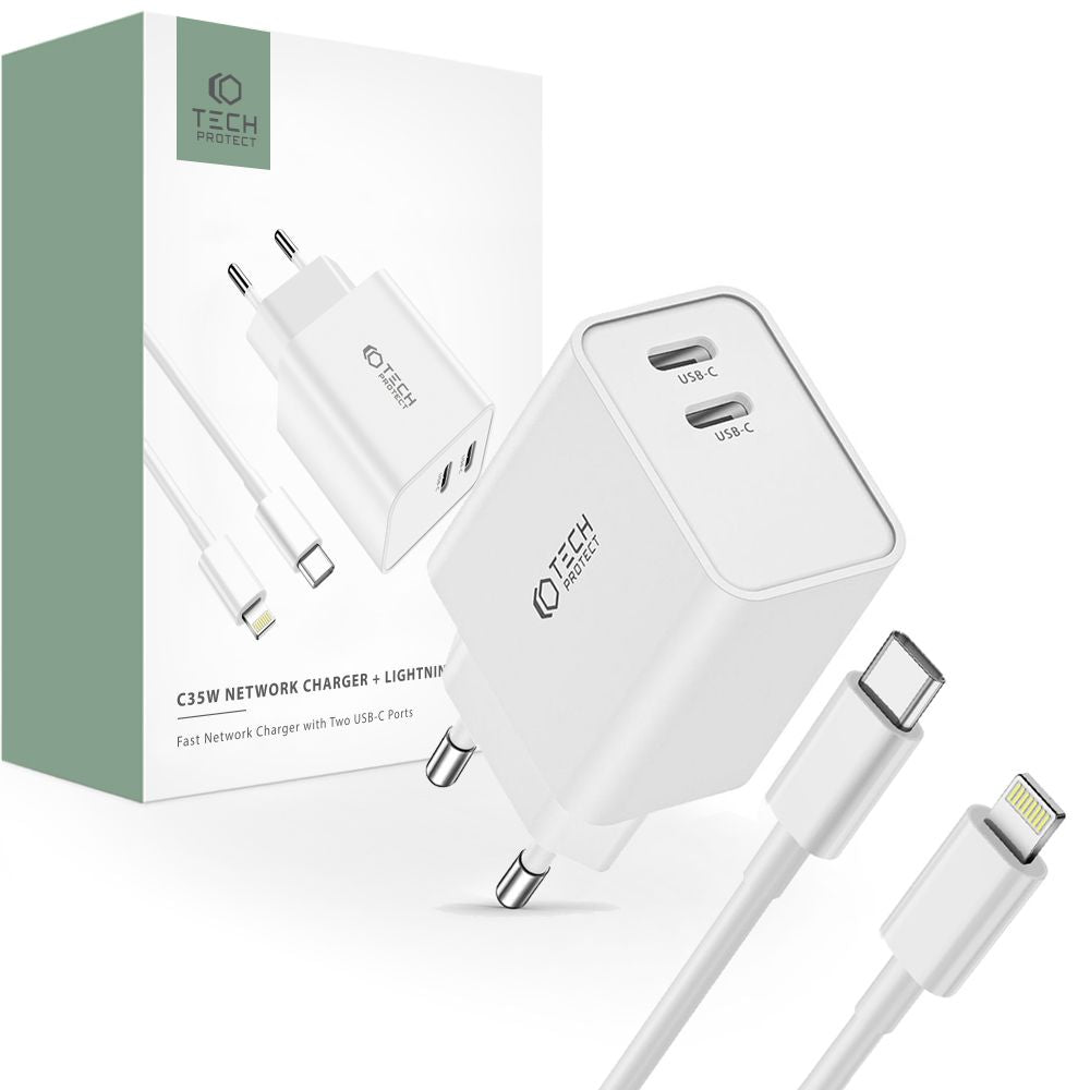CHARGEUR RÉSEAU POUR MOBILE ET TABLETTE TECH-PROTECT C35W CHARGEUR RÉSEAU 2 PORTS PD35W + CÂBLE LIGHTNING BLANC
