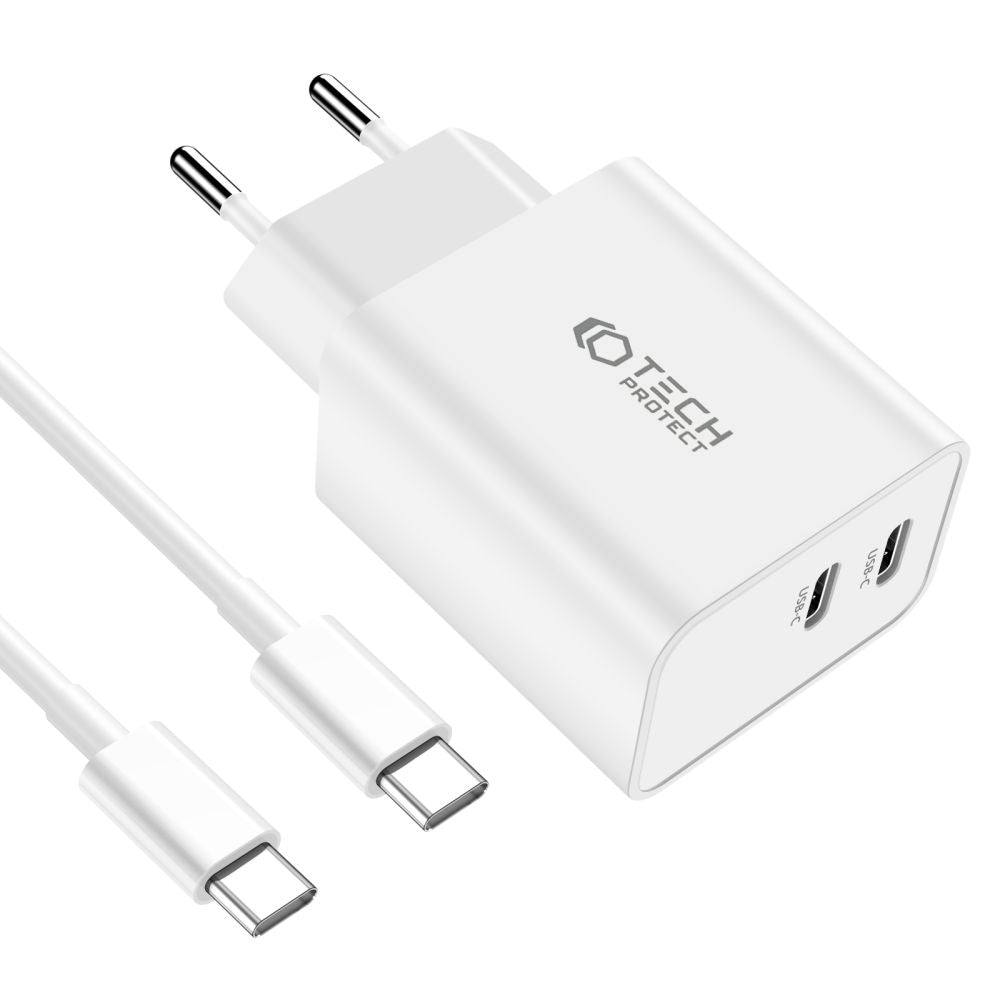 CHARGEUR RÉSEAU POUR MOBILE ET TABLETTE TECH-PROTECT C35W CHARGEUR RÉSEAU 2 PORTS PD35W + CÂBLE TYPE-C BLANC