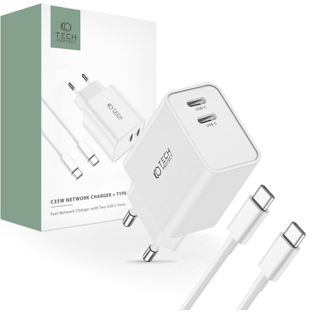 CHARGEUR RÉSEAU POUR MOBILE ET TABLETTE TECH-PROTECT C35W CHARGEUR RÉSEAU 2 PORTS PD35W + CÂBLE TYPE-C BLANC