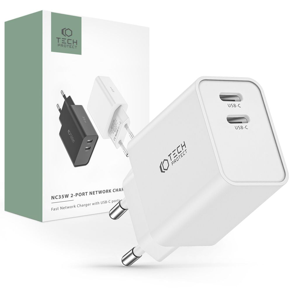 CHARGEUR RÉSEAU POUR MOBILE ET TABLETTE TECH-PROTECT C35W CHARGEUR RÉSEAU 2 PORTS PD35W BLANC