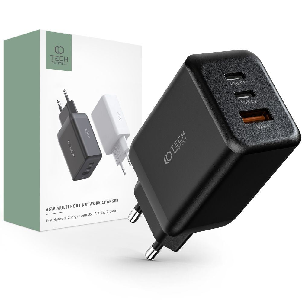 CHARGEUR RÉSEAU POUR MOBILE ET TABLETTE TECH-PROTECT C65W CHARGEUR 3 PORTS PD65W/QC3.0 NOIR