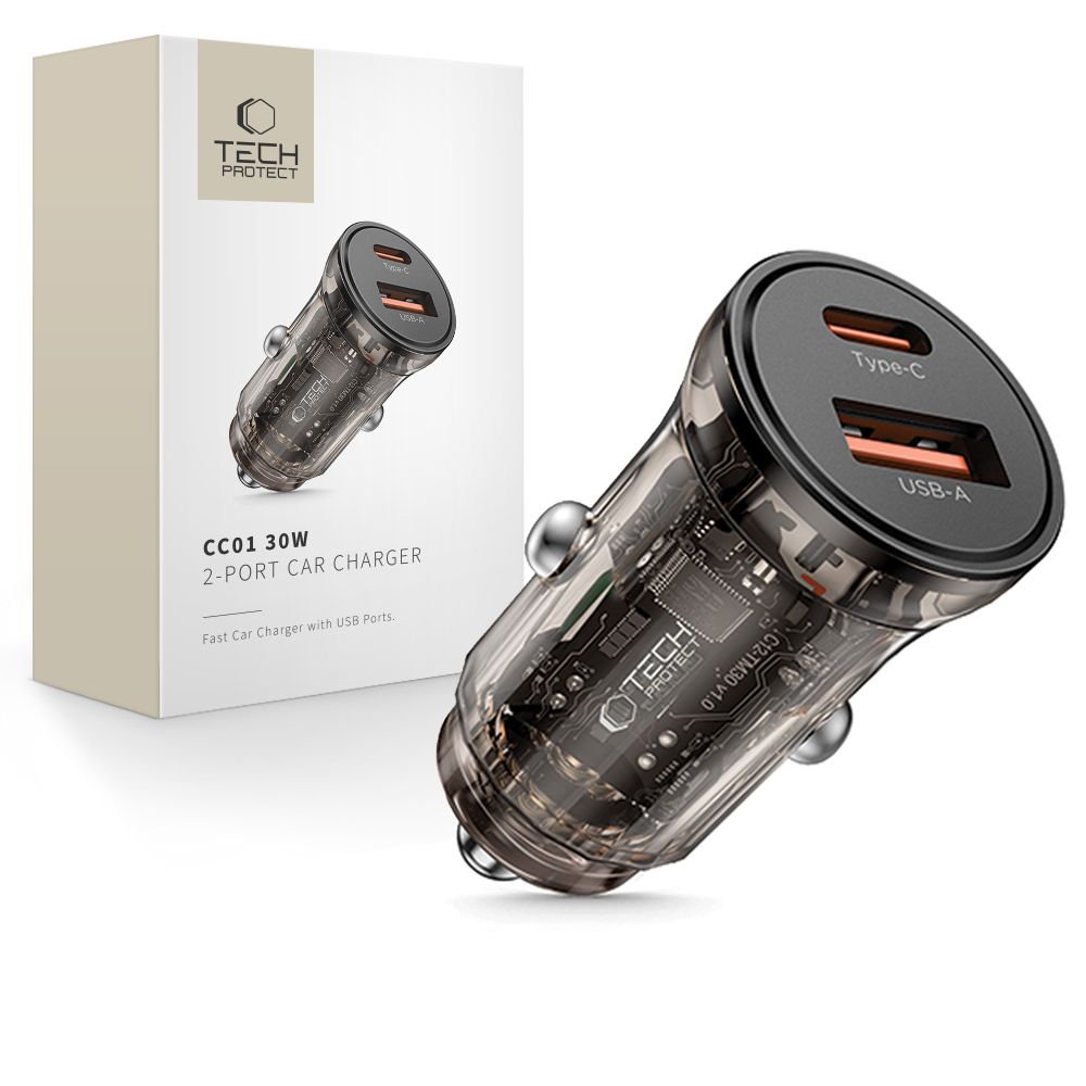 CHARGEUR DE VOITURE TECH-PROTECT CC01 2 PORTS PD30W/QC3.0 NOIR