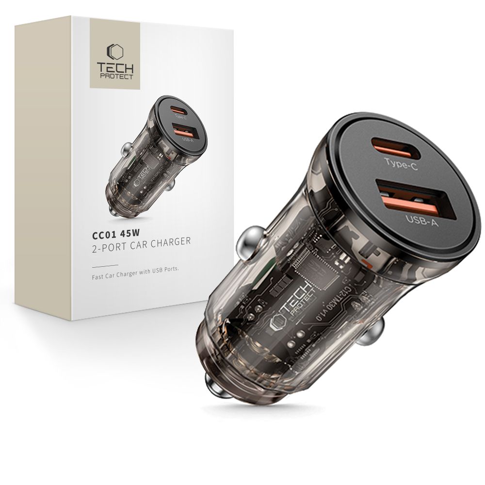 CHARGEUR DE VOITURE TECH-PROTECT CC01 2 PORTS PD45W/QC3.0 NOIR