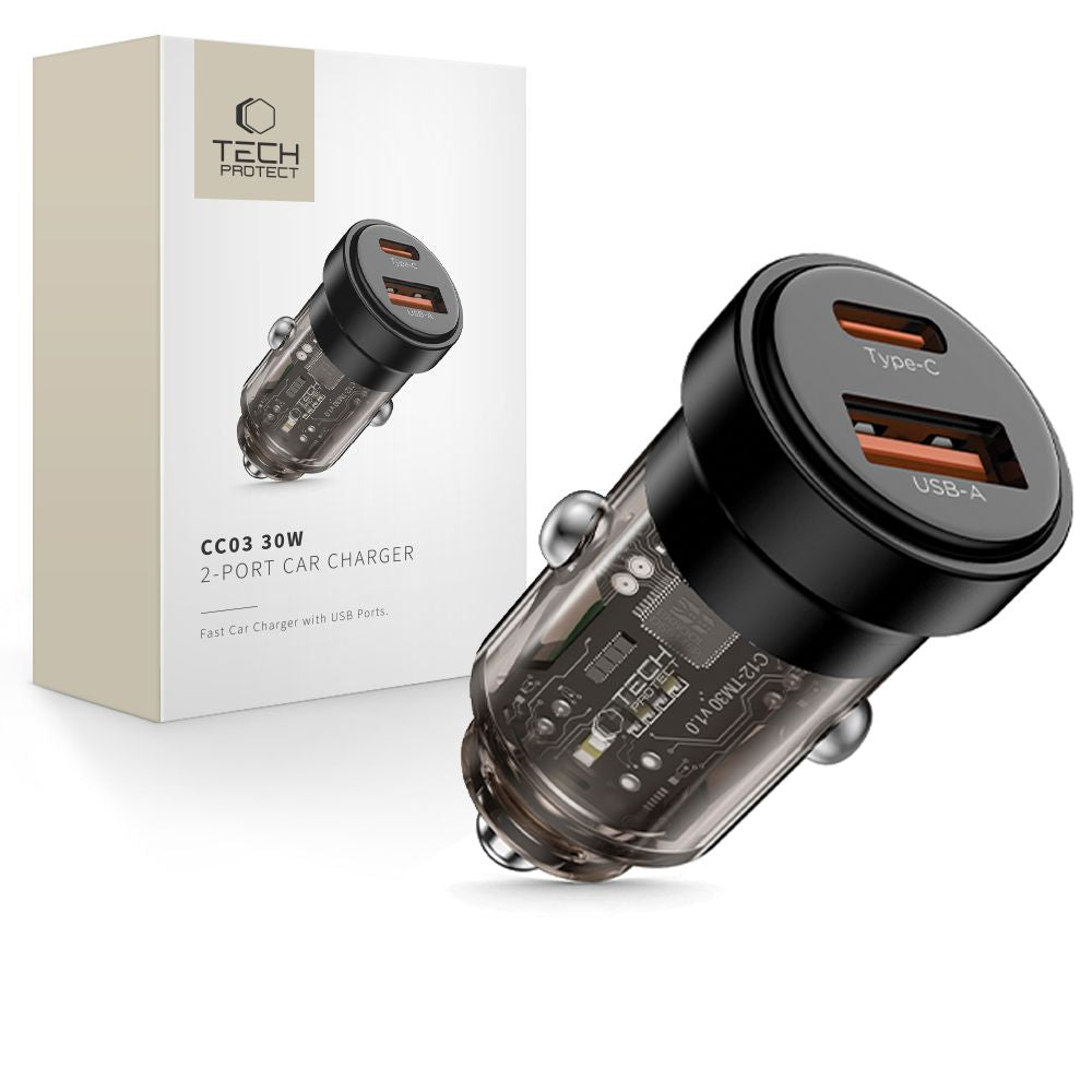 CHARGEUR DE VOITURE TECH-PROTECT CC03 2 PORTS PD30W/QC3.0 NOIR
