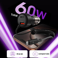 CHARGEUR DE VOITURE TECH-PROTECT CC05 2 PORTS PD60W + CÂBLE NOIR