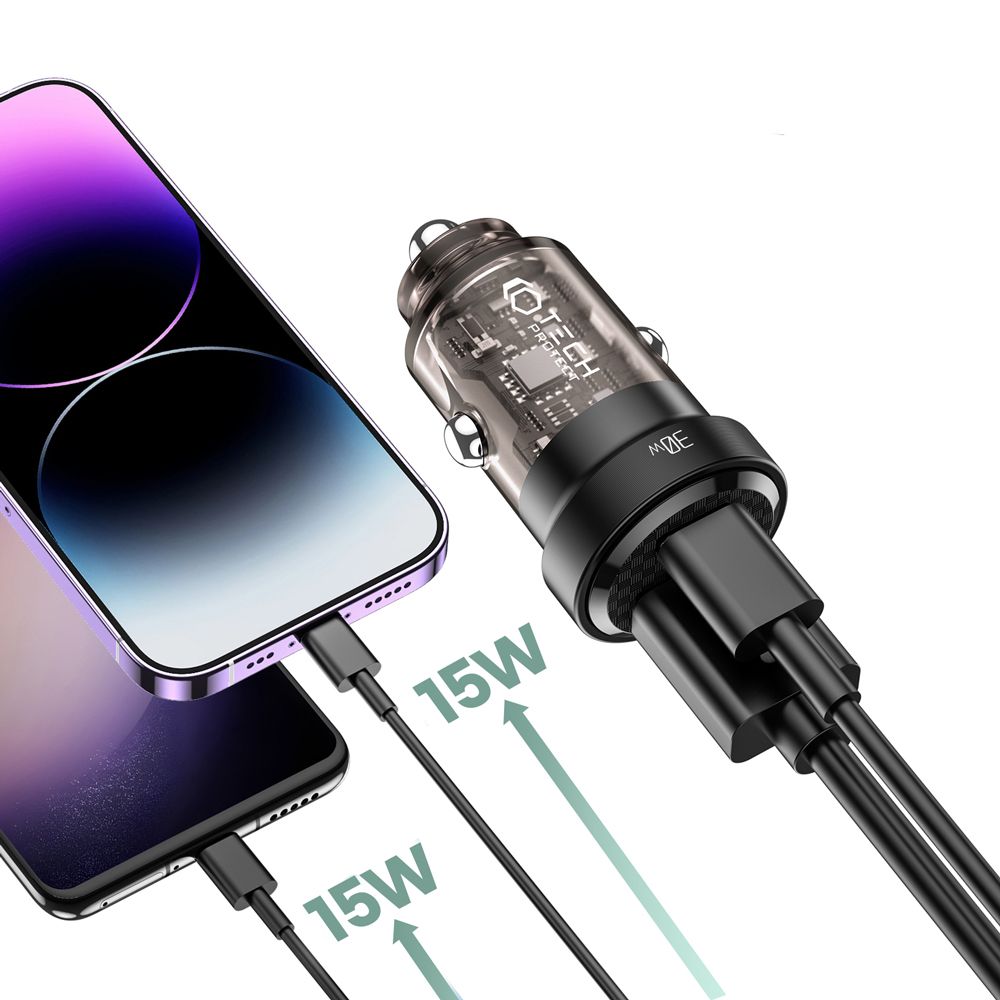 CHARGEUR DE VOITURE TECH-PROTECT CC30W CHARGEUR DE VOITURE 2 PORTS PD30W/QC3.0 NOIR